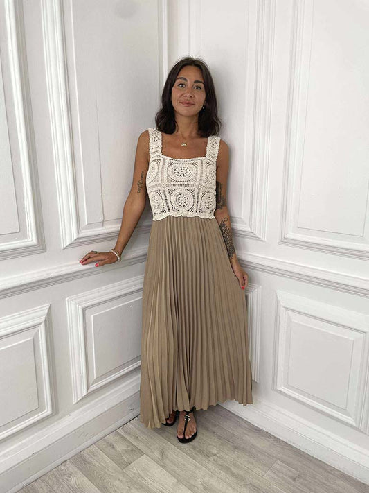 Crochet & Pleat Midaxi Dress - Mocha