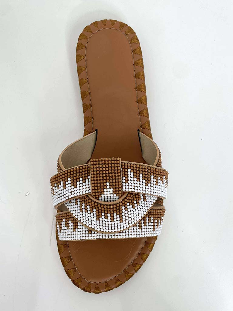 Beaded Mule Sandals - Tan