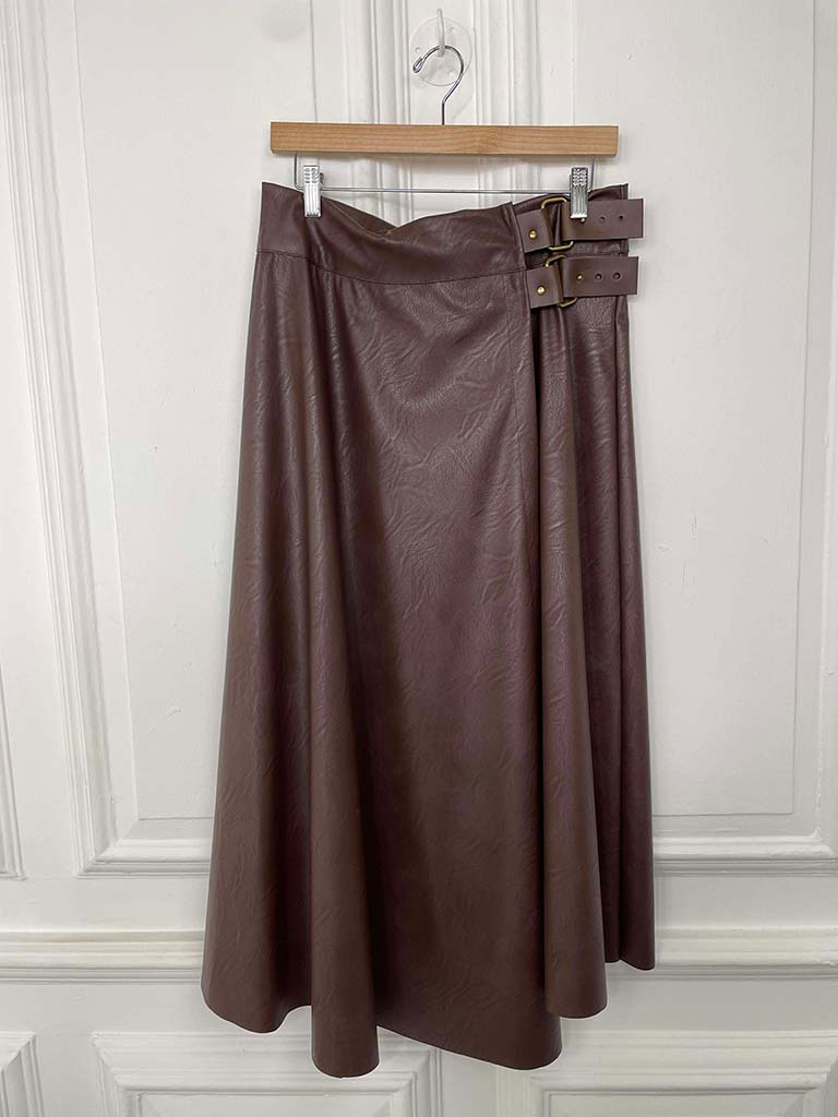 Faux Leather Buckle Skirt - Chocolate