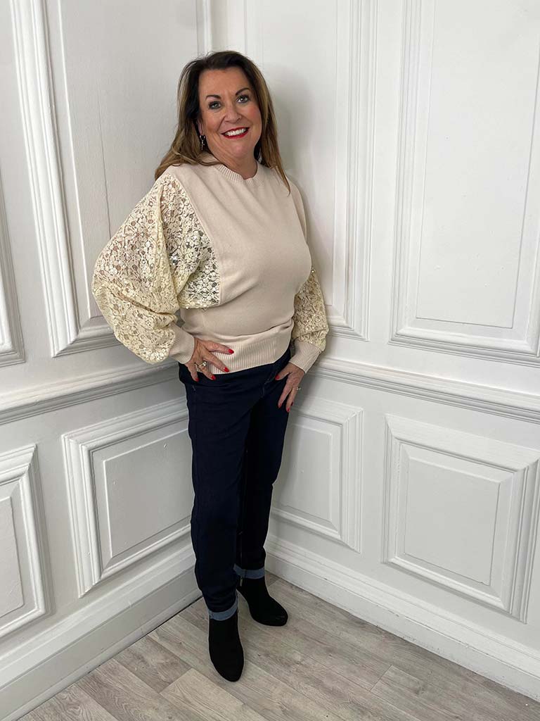 Sequin Lace Sleeve Knit - Biscuit