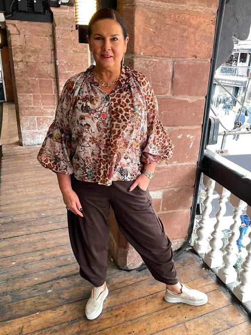 Floral & Animal Print Blouse - Tan