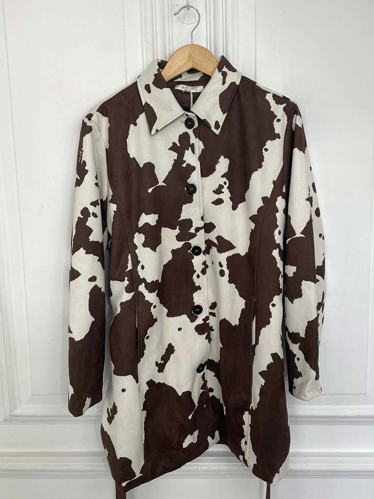 Malissa J Faux Suede Cow Print Belted Jacket
