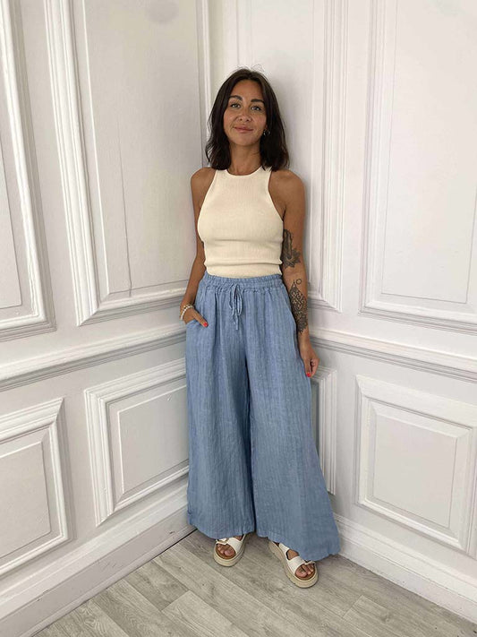 Linen Pinstripe Wide Leg Trousers - Denim