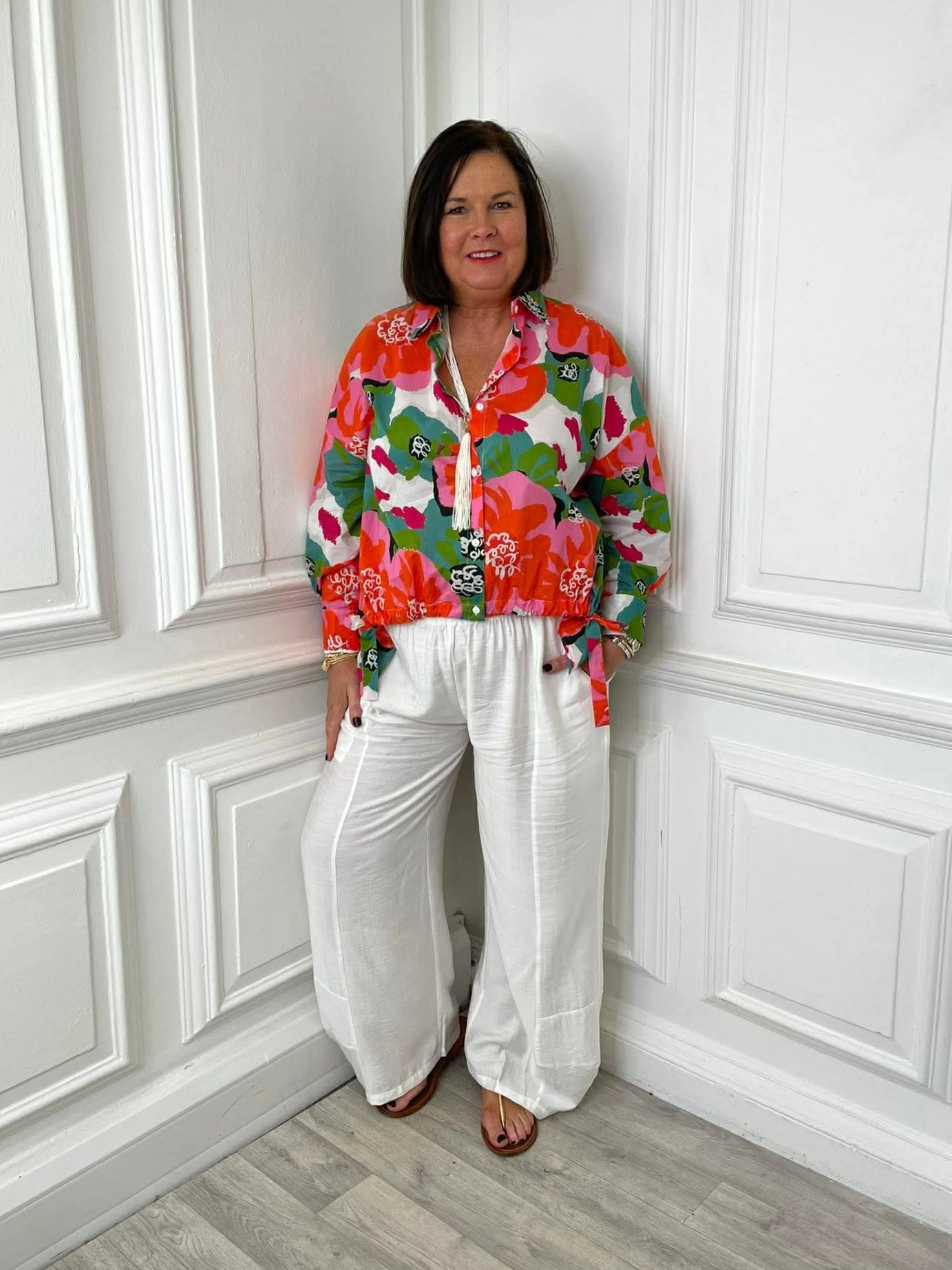 Malissa J Tropical Flower Drawstring Hem Shirt