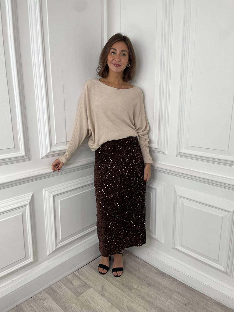Sequin Pencil Skirt - Chocolate