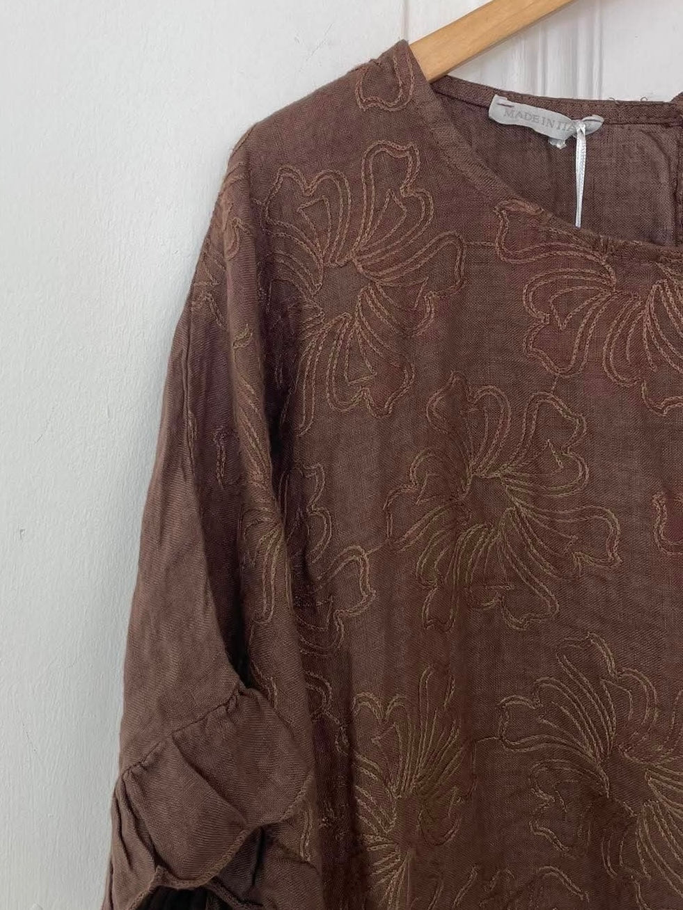 Linen Fiorita Stitch Top - Chocolate