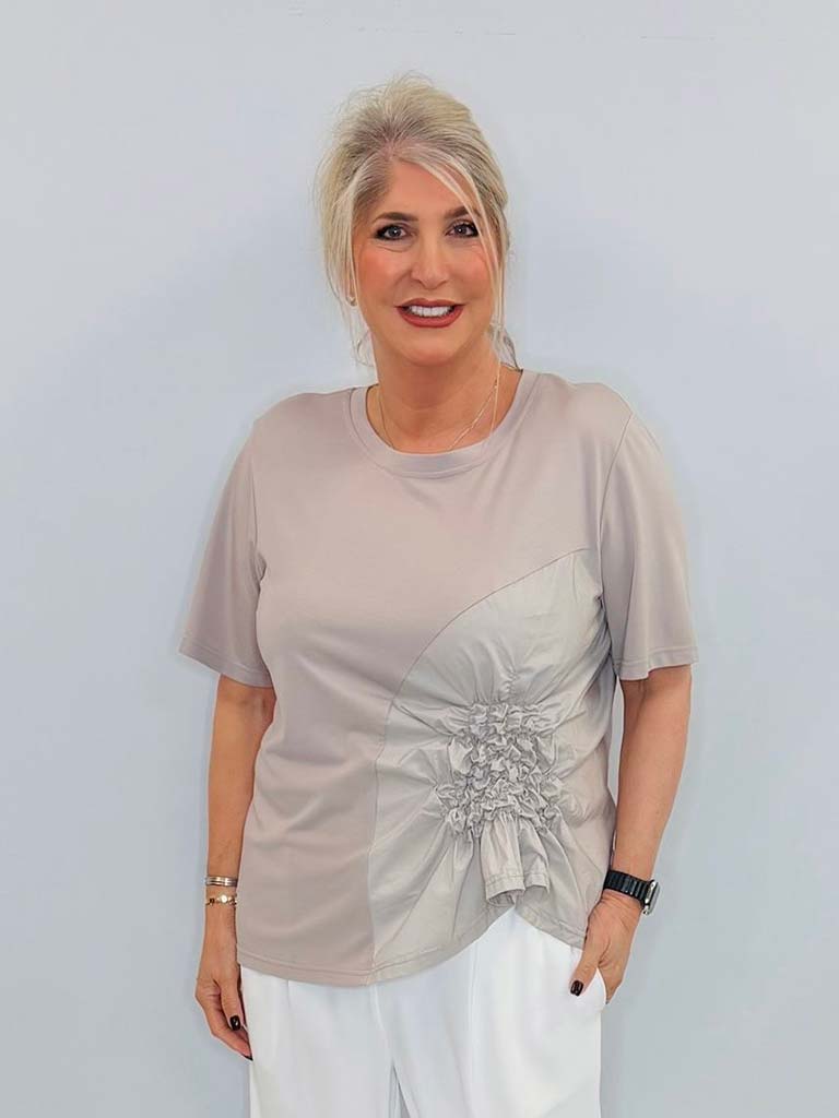 Taupe jersey ruffle top with short sleeves and relaxed fit for modern womens fashion and everyday wear. - Malissa J Jersey Ruffle Top - Taupe