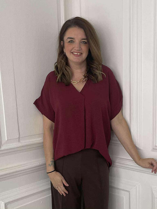 V-Neck Pleat Front Top - Burgundy