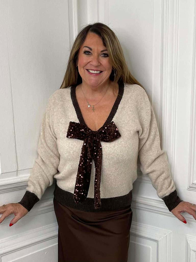 V-Neck Sequin Bow Knit - Stone