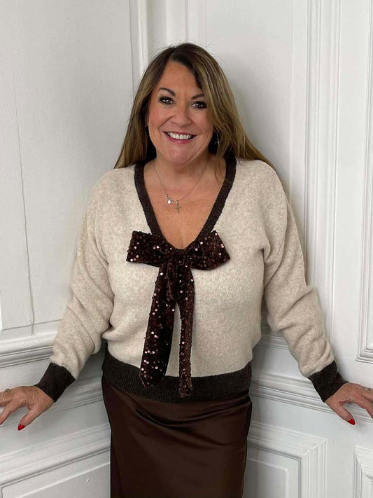 V-Neck Sequin Bow Knit - Stone