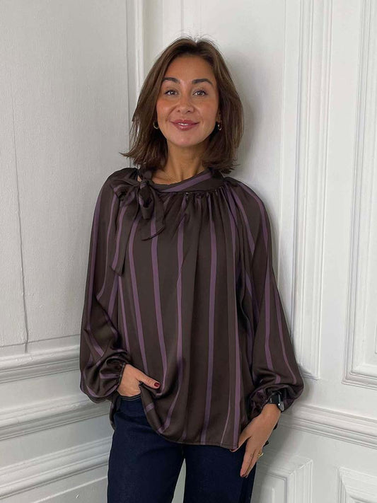 Stripe Tie Neck Blouse - Chocolate