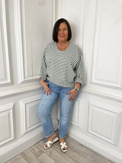 Gingham Gathered Hem Top - Khaki