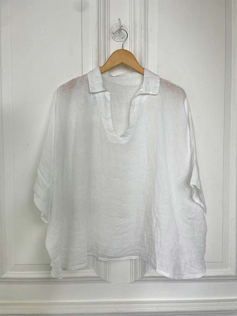 Linen V-Neck Collared Top - White