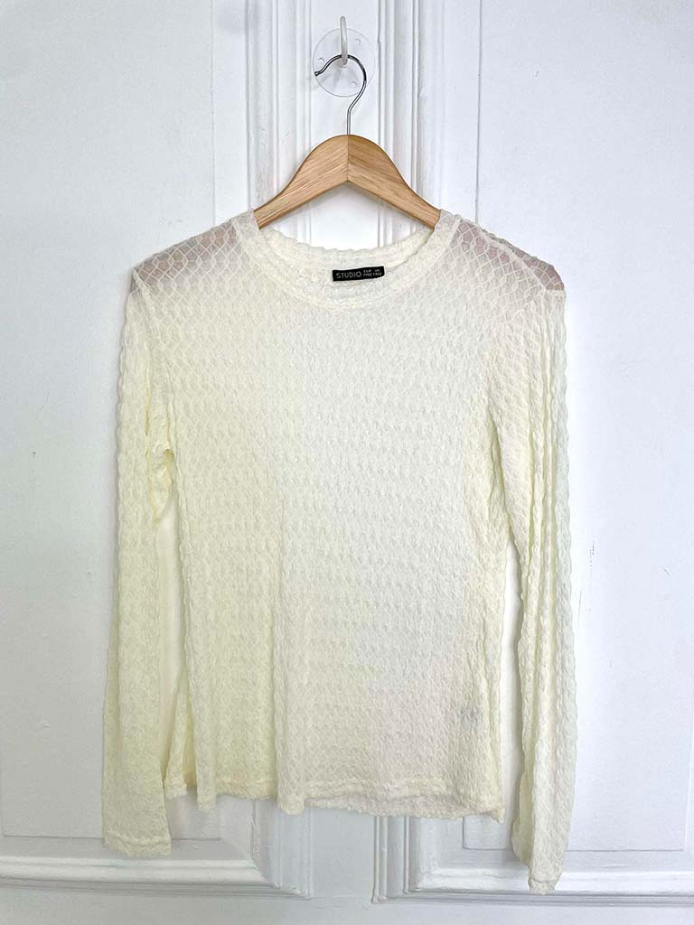 Cream honeycomb mesh long-sleeve top with relaxed styling for modern womens fashion and everyday wear. - Honeycomb Mesh Layering Top - Cream