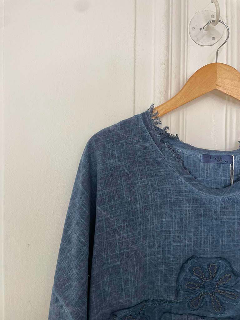 Flower Stitch Raw Edge Top - Denim