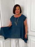 Linen Mix Cap Sleeve Top - Navy