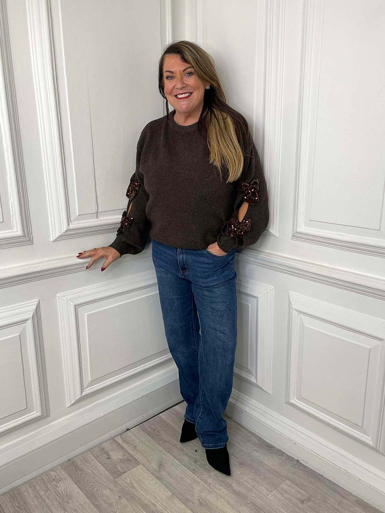 Sequin Bow Sleeve Knit - Chocolate