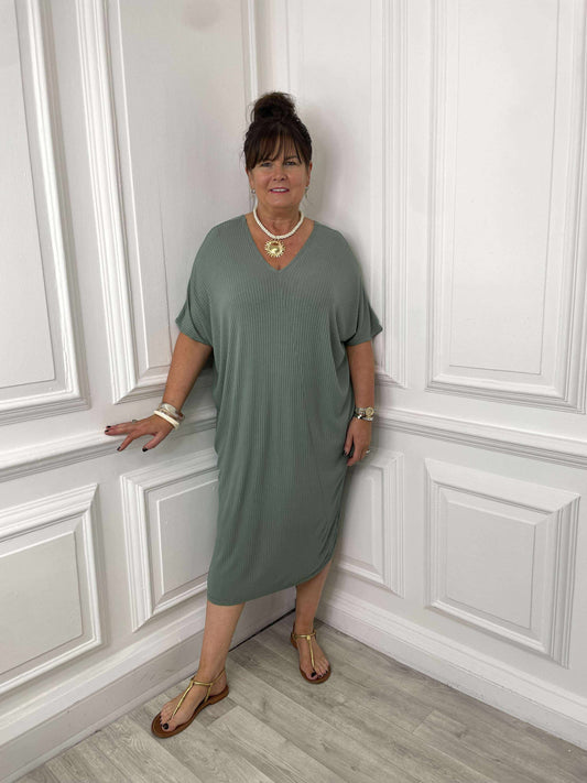 Ribbed Midi Dress - Khaki