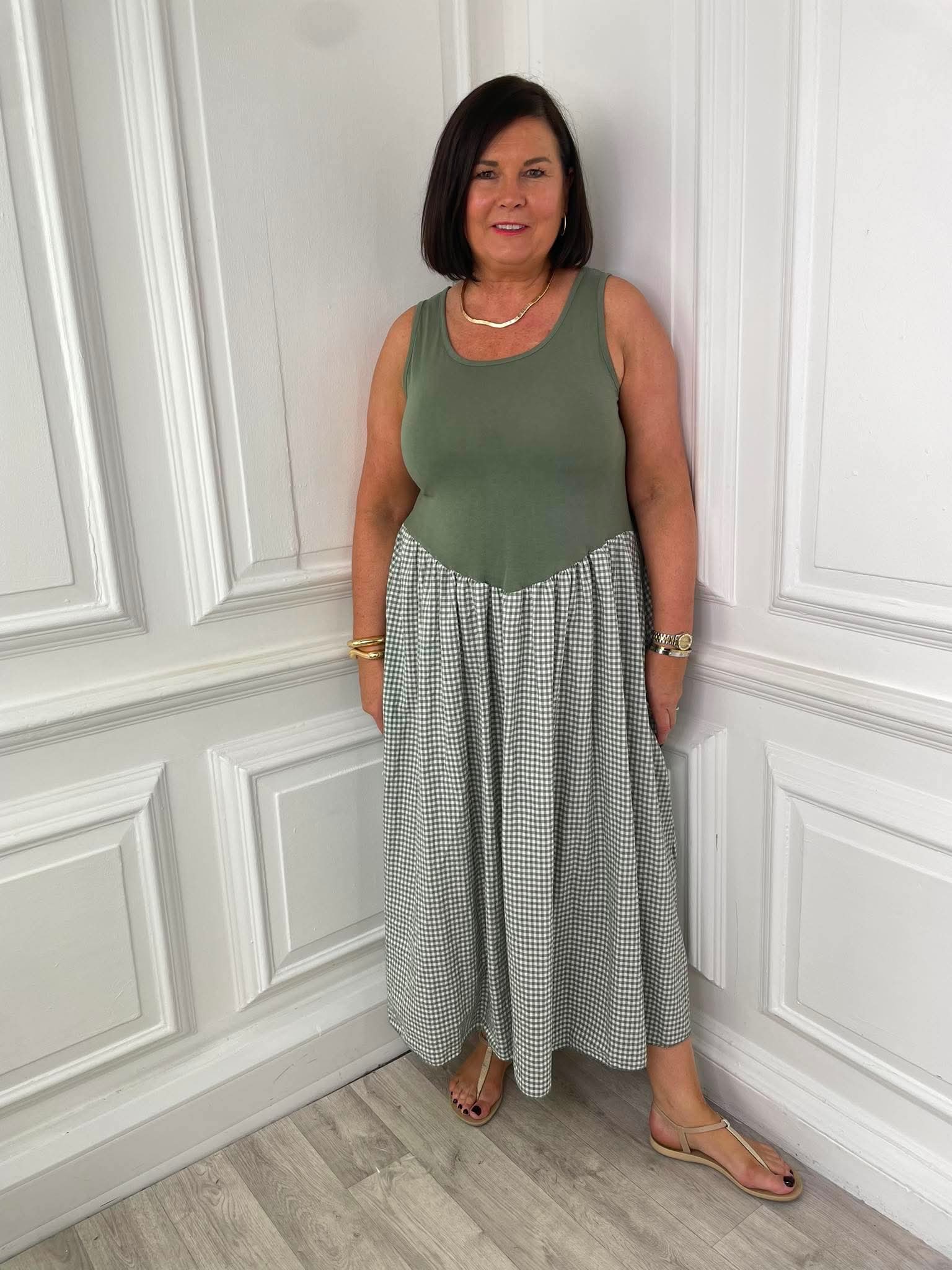Gingham Skirt Dress - Sage