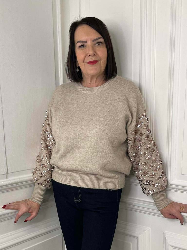 Diamond Sequin Sleeve Knit - Oat