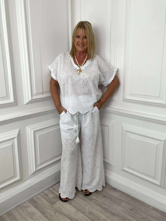 Broderie Anglaise Cotton Trousers - White