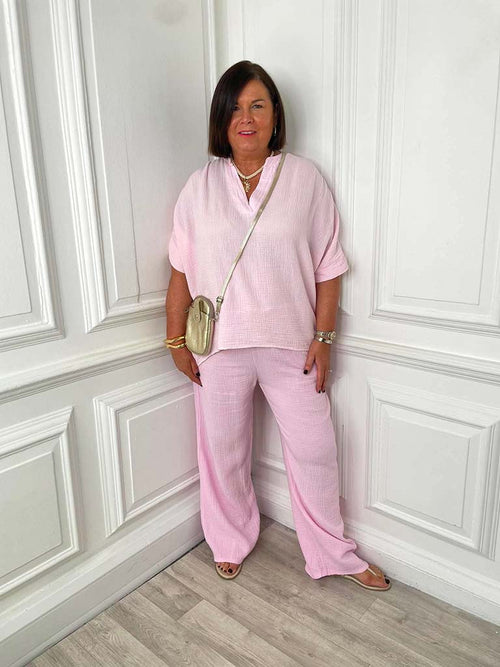 Cloud Cotton Wide Leg Trousers - Petal