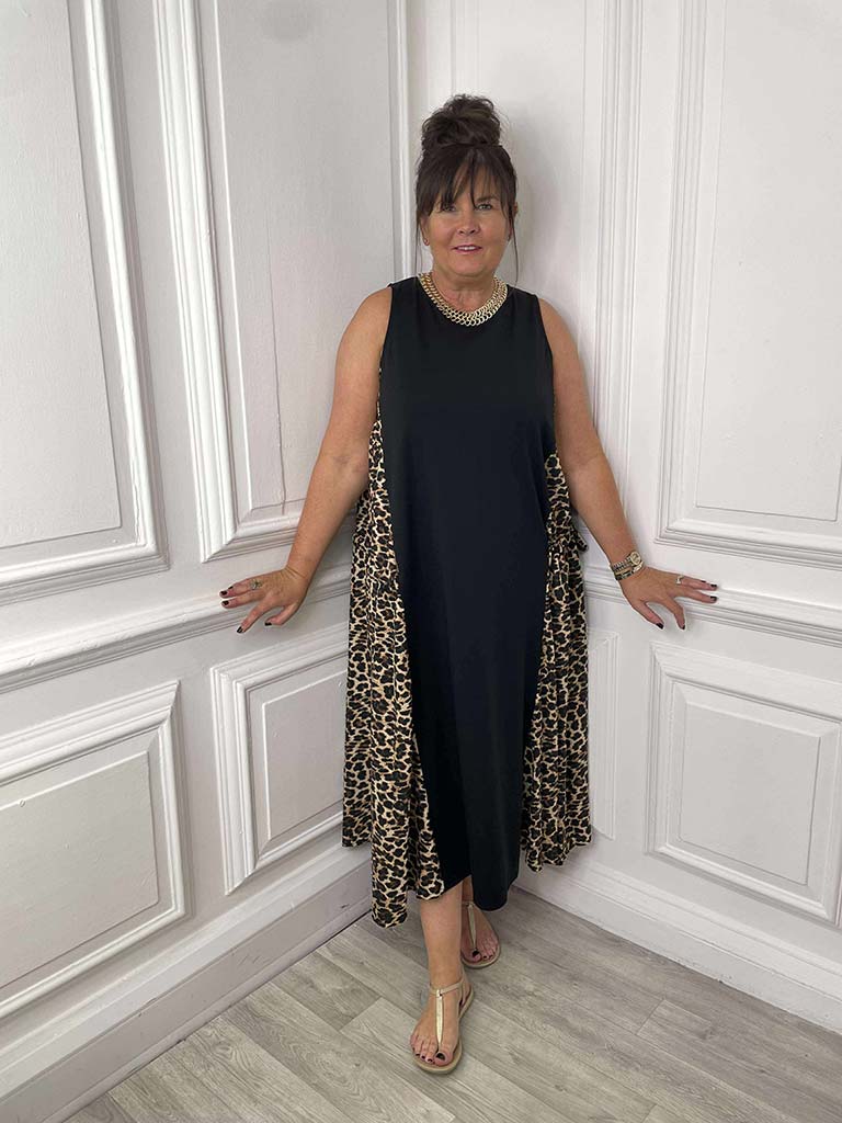 Leopard Drawstring Midi Dress - Black