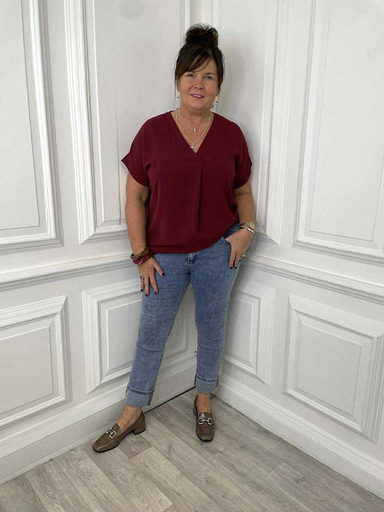 V-Neck Pleat Front Top - Burgundy