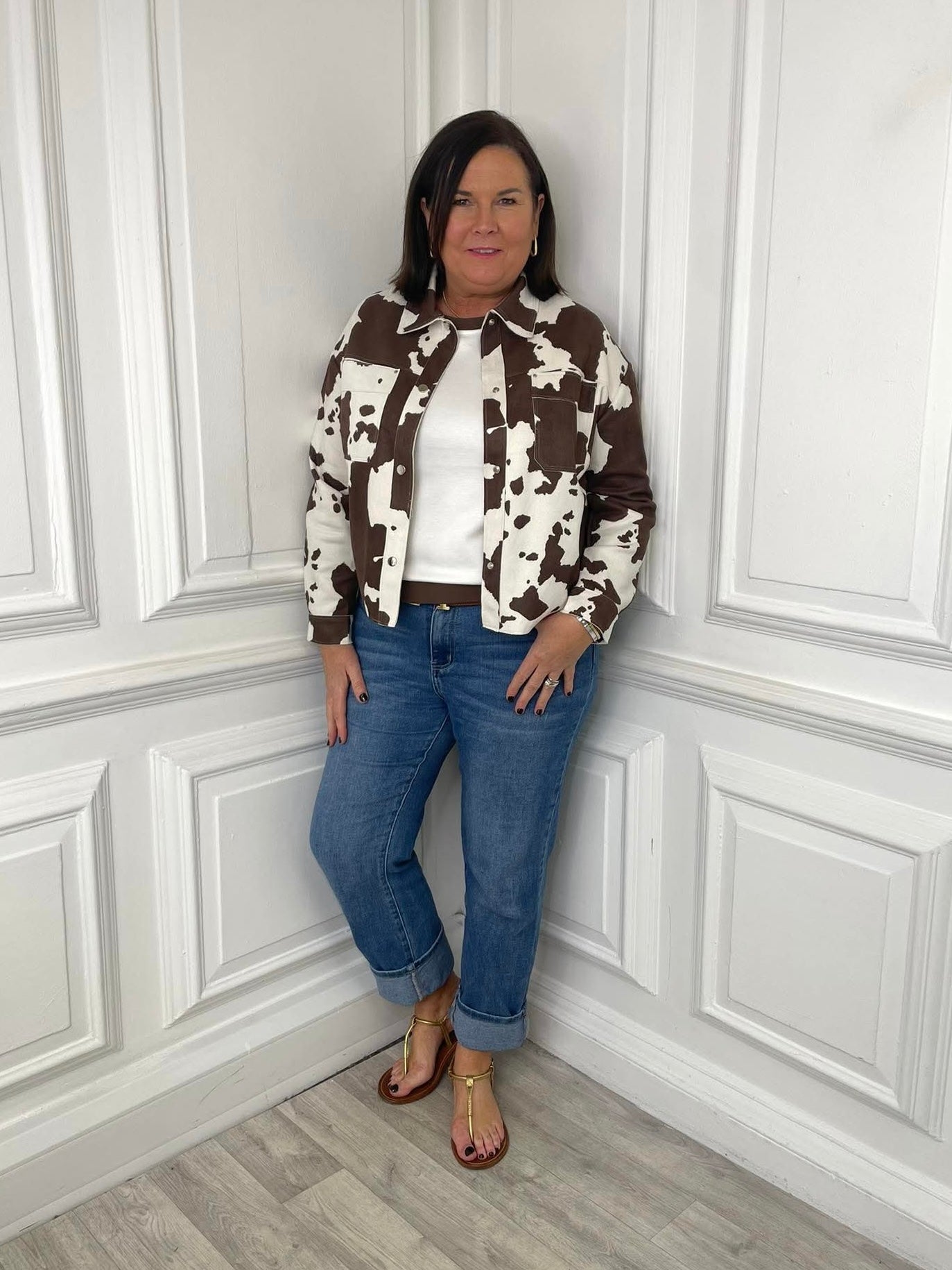 Malissa J Faux Suede Cow Print Jacket