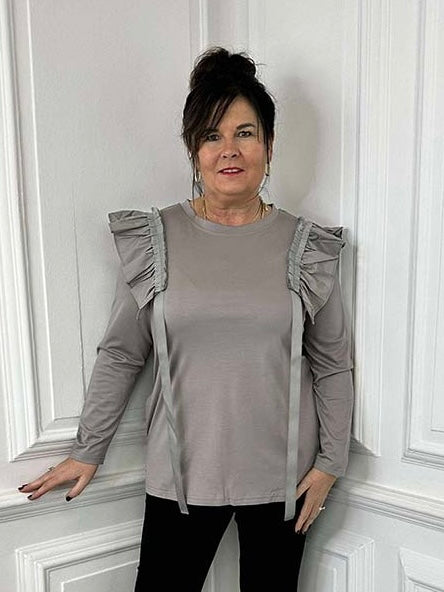 Malissa J Ruffle Shoulder Top - Mushroom
