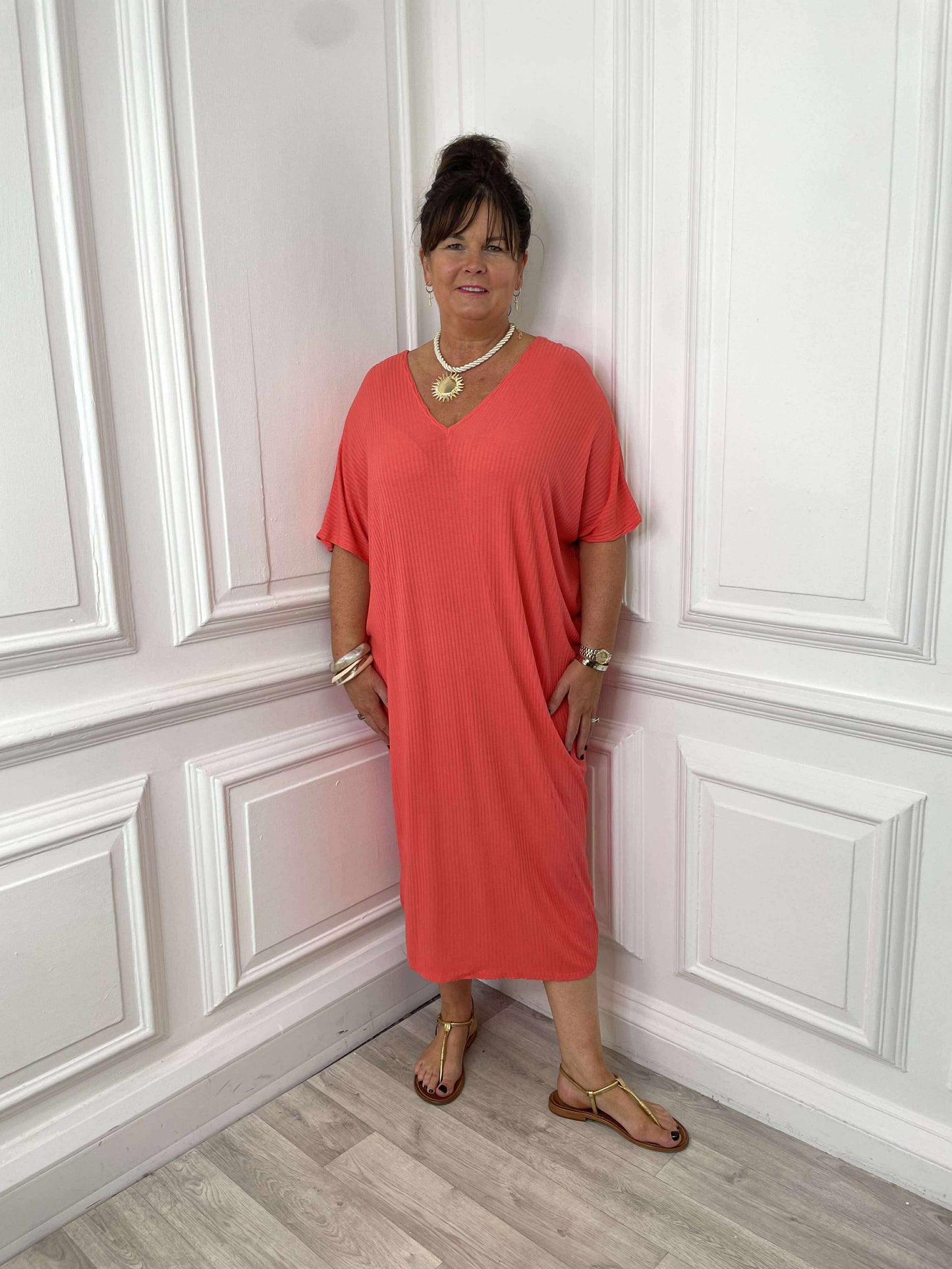 Ribbed Midi Dress - Coral