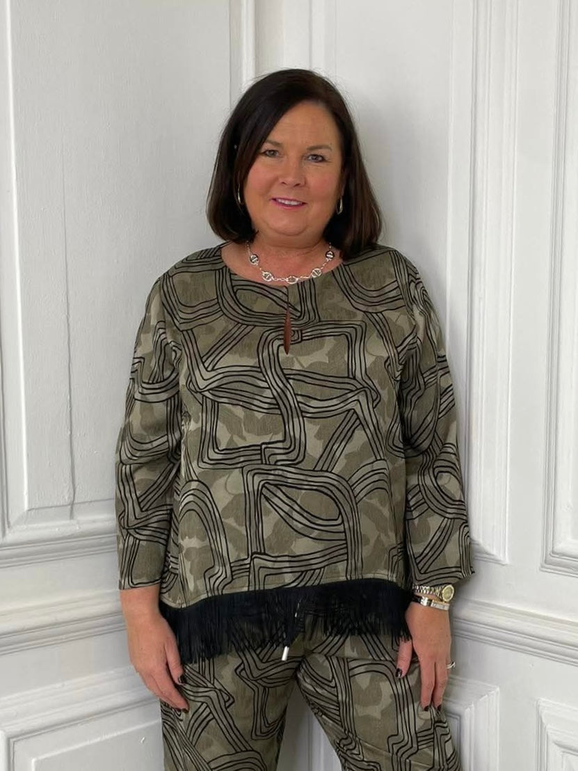 Malissa J Abstract Fringed Top - Taupe