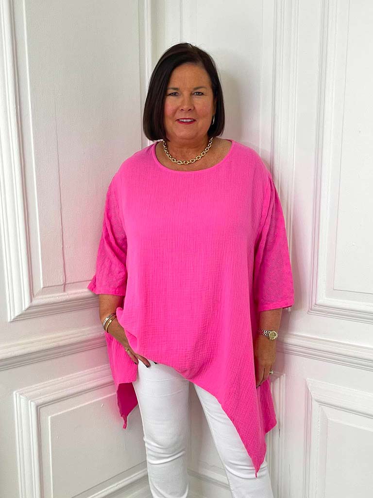 Ditsy Floral Sleeve Seersucker Top - Cerise