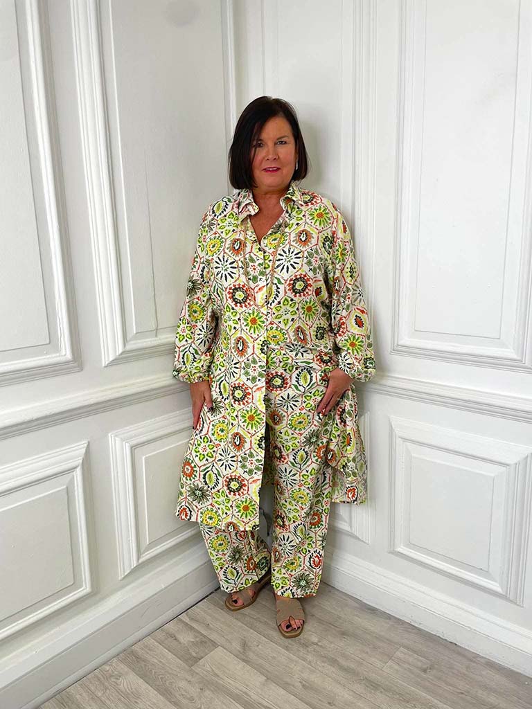 Floral Tile Print Shirt Dress - Kiwi & Orange