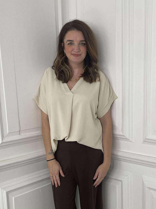 V-Neck Pleat Front Top - Stone