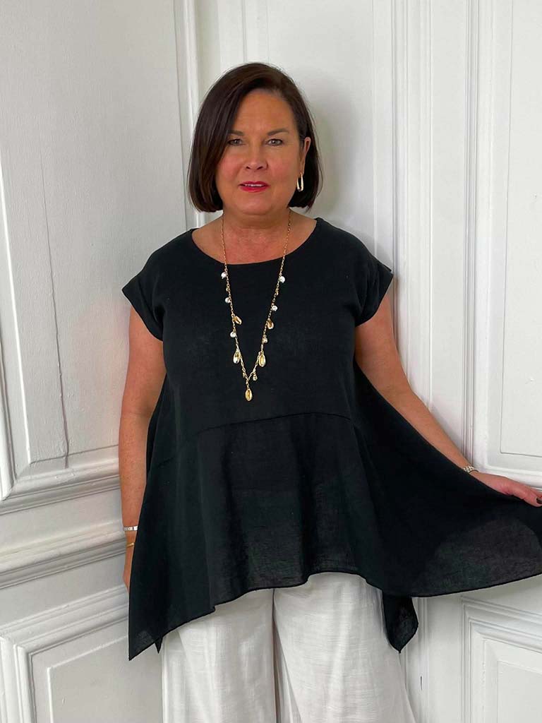 Linen Mix Cap Sleeve Top - Black