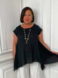 Linen Mix Cap Sleeve Top - Black
