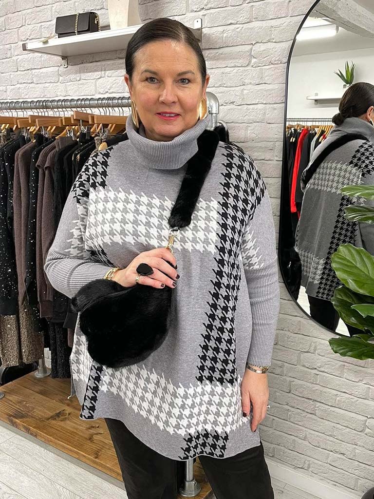 Malissa J Dogtooth Polo Knit - Grey