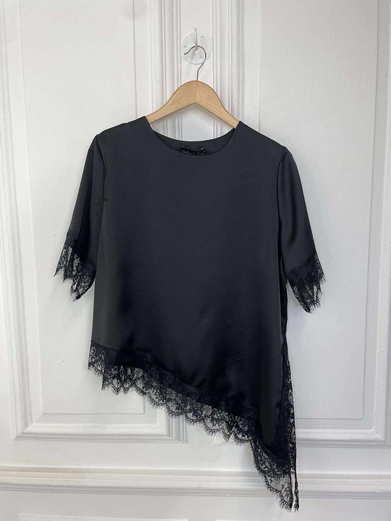 Lace Trim Asymmetric Top - Black