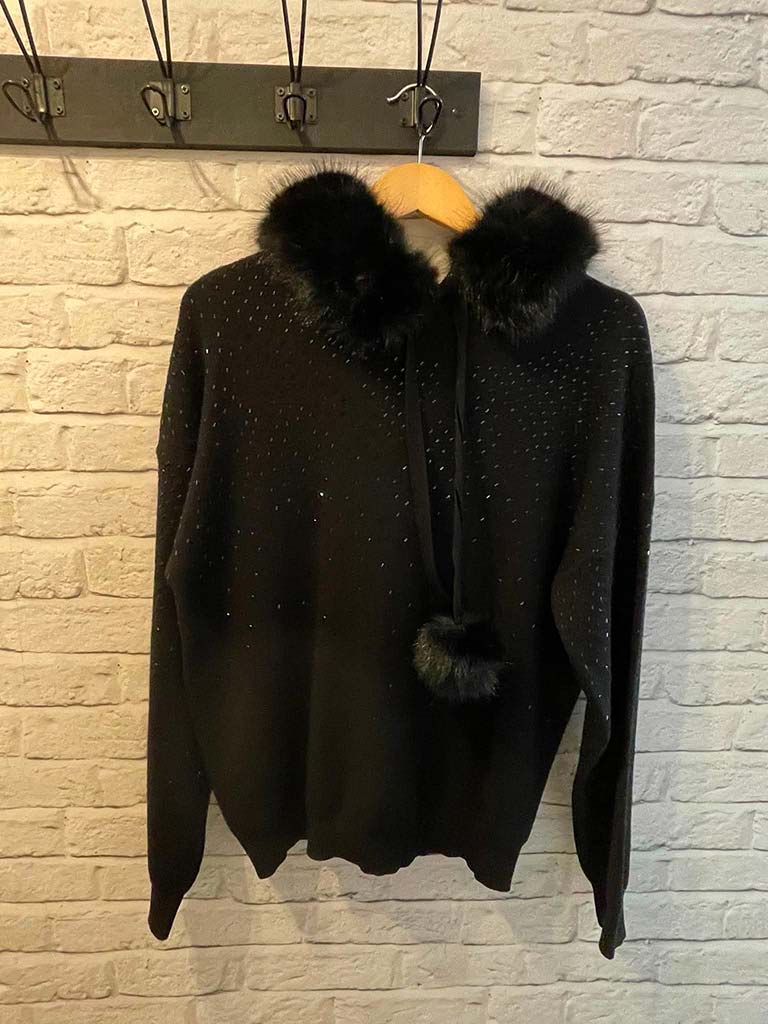 Malissa J Embellished Faux Fur Hoodie - Black