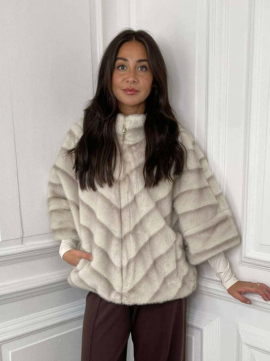 Malissa J Faux Fur 3/4 Sleeve Jacket - Stone