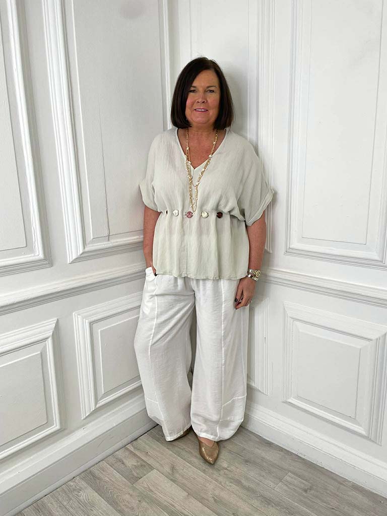 V-Neck Stone Drawstring Top - Stone