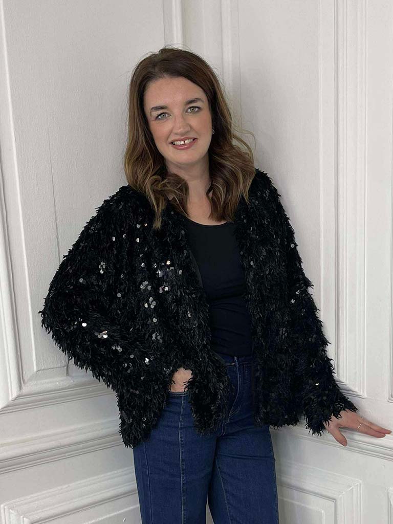 Faux Feather Sequin Jacket - Black