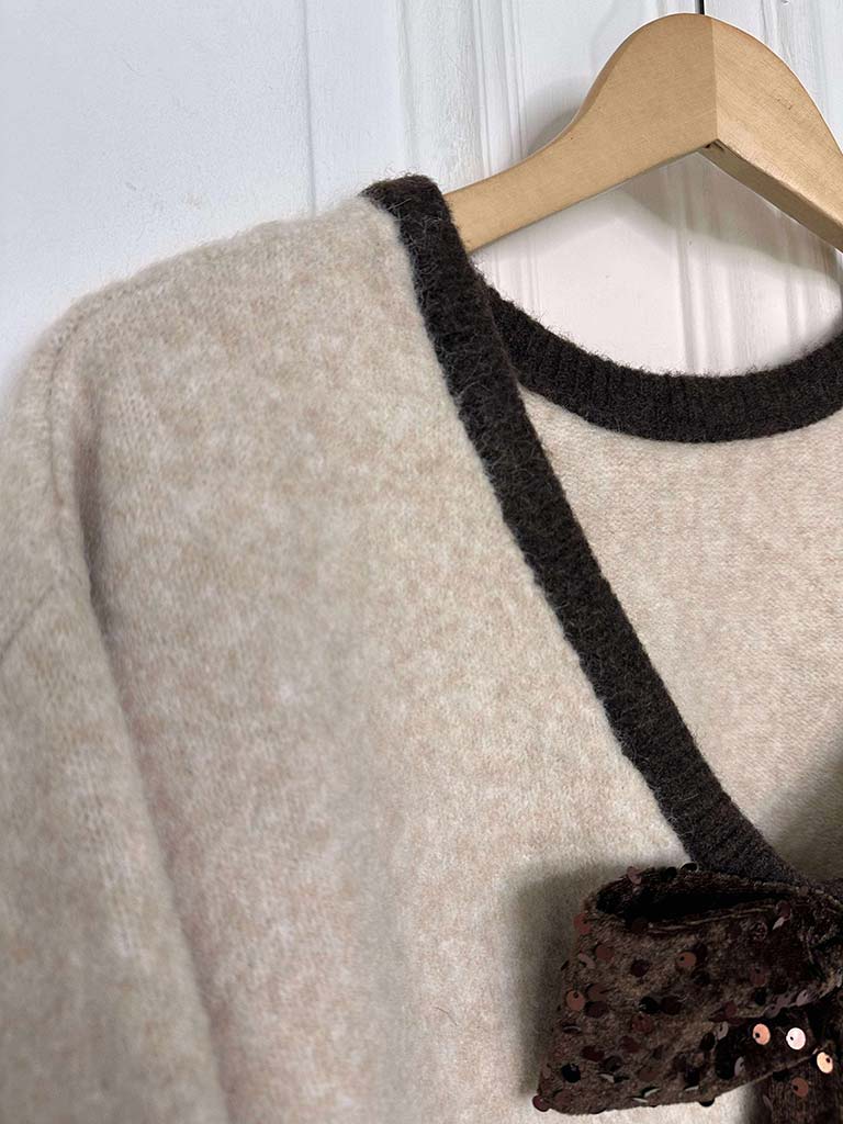 V-Neck Sequin Bow Knit - Stone