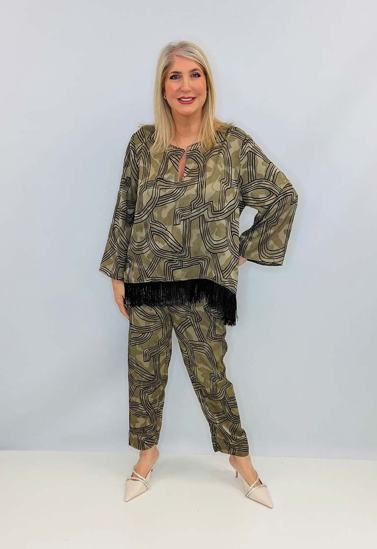 Malissa J Abstract Fringed Top - Taupe