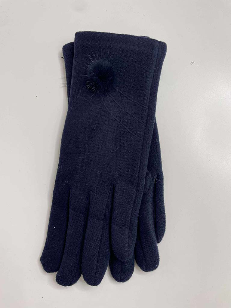 Faux Fur Pom Pom Gloves - Navy