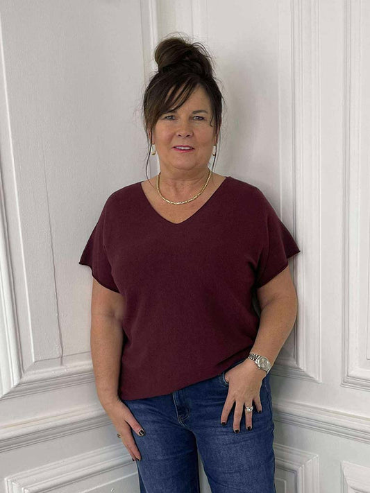 V-Neck Knit Top - Plum