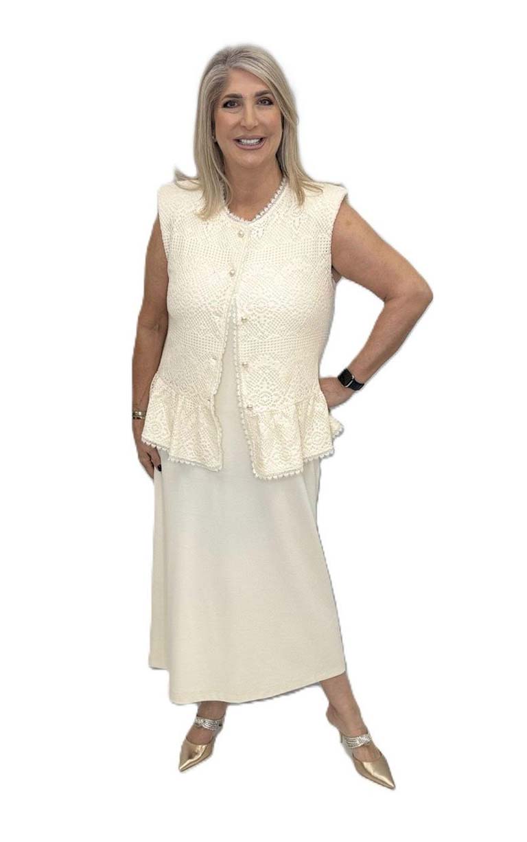 Malissa J Crochet Waistcoat Top - Stone