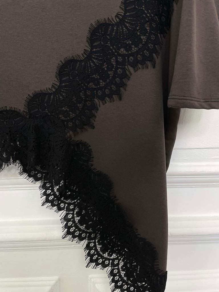 Lace Hem Asymmetric Top - Chocolate