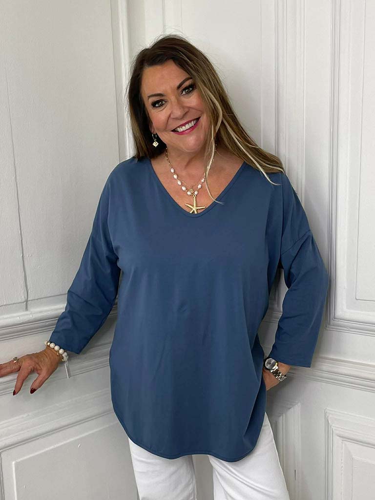 V-Neck Scooped Hem Top - Denim